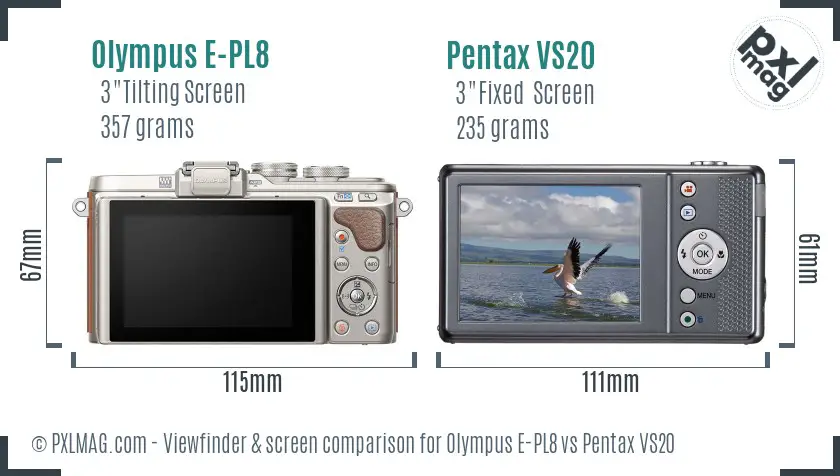 Olympus E-PL8 vs Pentax VS20 Screen and Viewfinder comparison