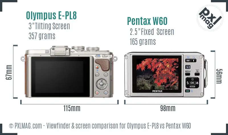 Olympus E-PL8 vs Pentax W60 Screen and Viewfinder comparison