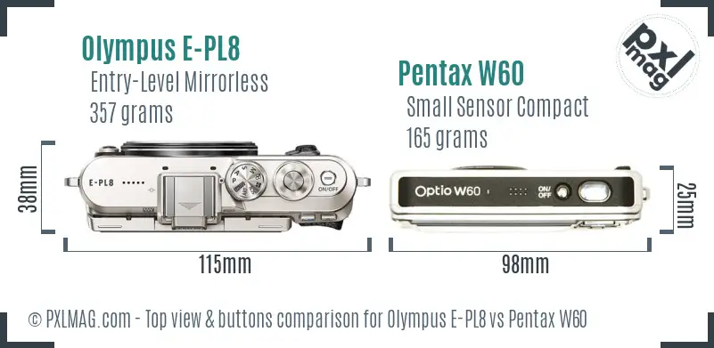Olympus E-PL8 vs Pentax W60 top view buttons comparison