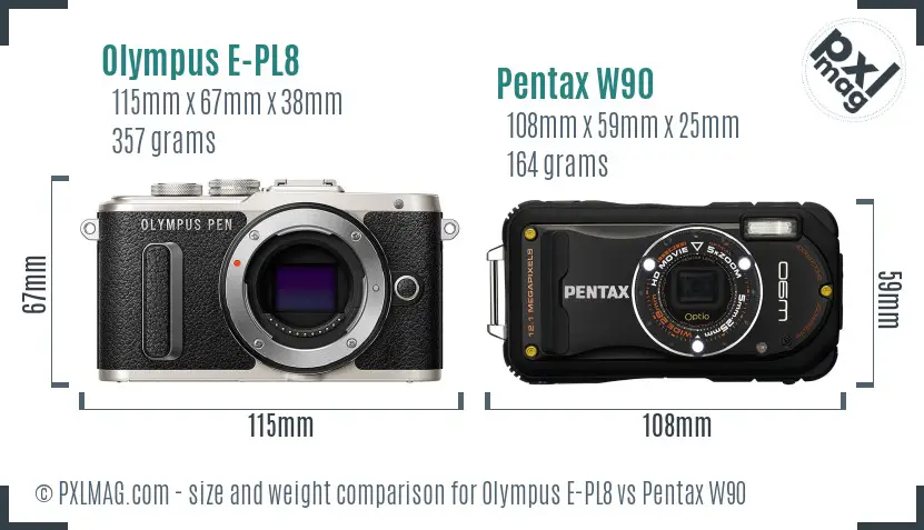 Olympus E-PL8 vs Pentax W90 size comparison