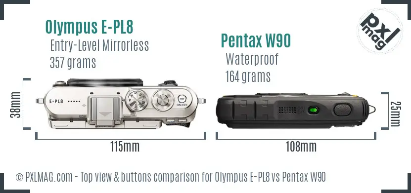 Olympus E-PL8 vs Pentax W90 top view buttons comparison