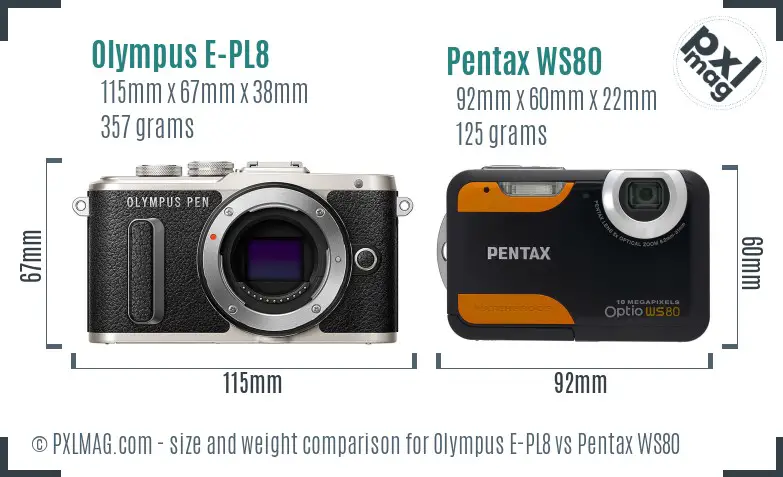 Olympus E-PL8 vs Pentax WS80 size comparison