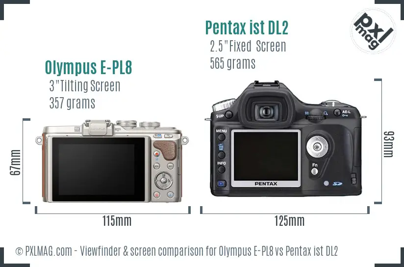 Olympus E-PL8 vs Pentax ist DL2 Screen and Viewfinder comparison