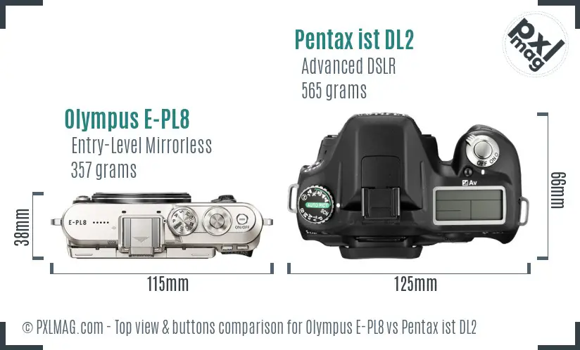 Olympus E-PL8 vs Pentax ist DL2 top view buttons comparison