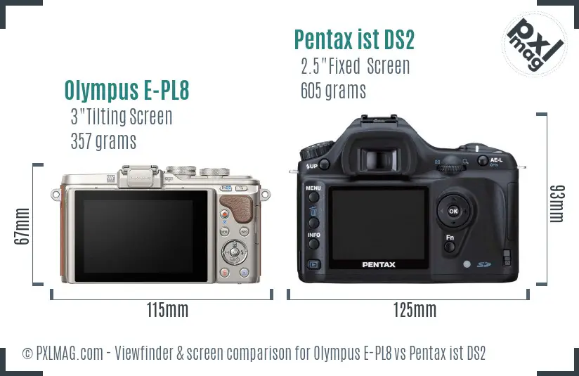 Olympus E-PL8 vs Pentax ist DS2 Screen and Viewfinder comparison