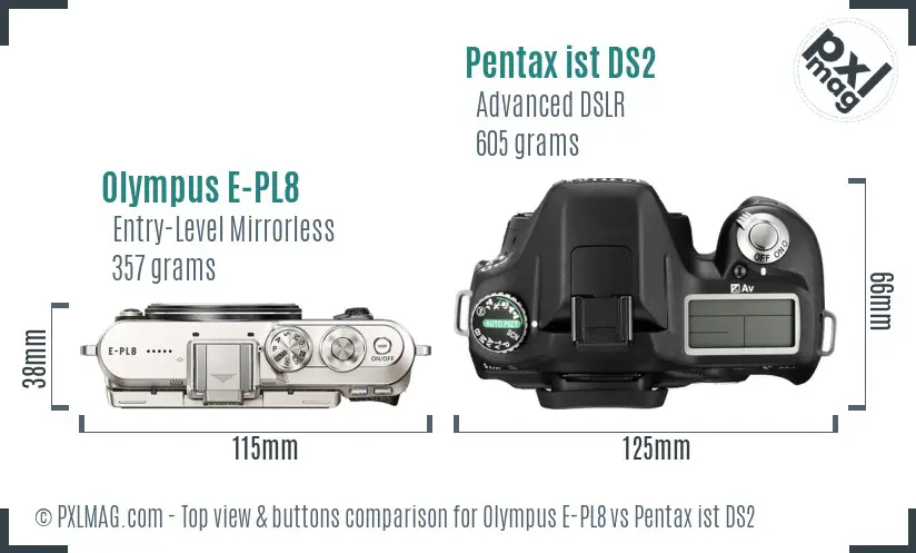 Olympus E-PL8 vs Pentax ist DS2 top view buttons comparison