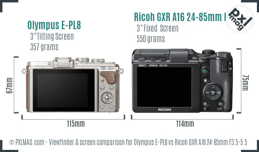 Olympus E-PL8 vs Ricoh GXR A16 24-85mm F3.5-5.5 Screen and Viewfinder comparison