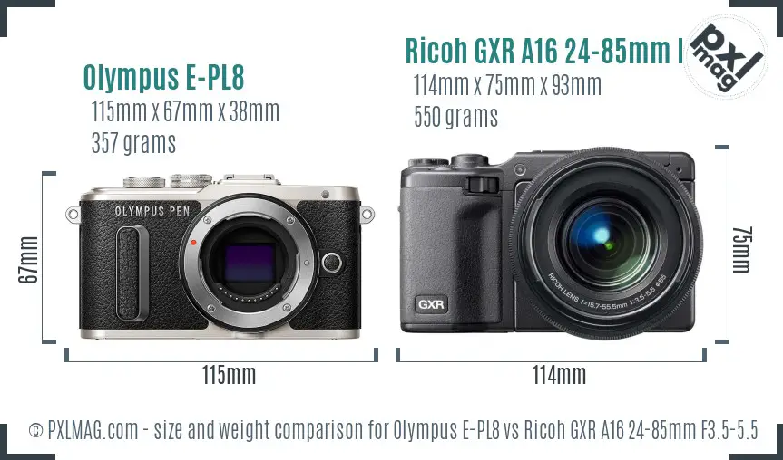 Olympus E-PL8 vs Ricoh GXR A16 24-85mm F3.5-5.5 size comparison