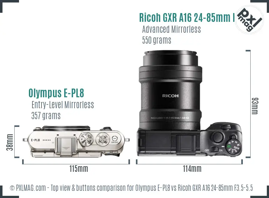 Olympus E-PL8 vs Ricoh GXR A16 24-85mm F3.5-5.5 top view buttons comparison