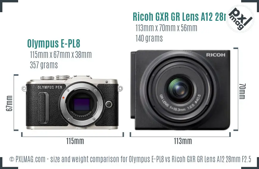 Olympus E-PL8 vs Ricoh GXR GR Lens A12 28mm F2.5 size comparison