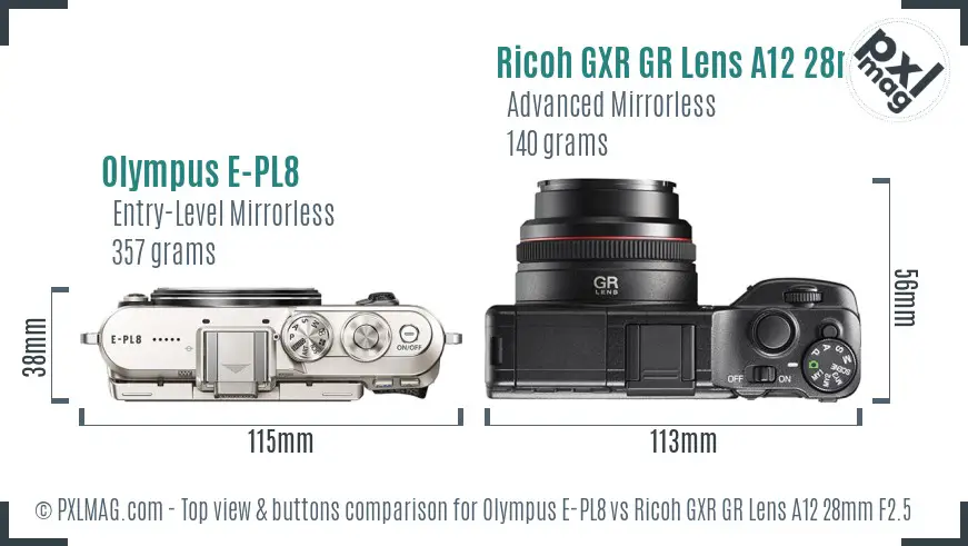 Olympus E-PL8 vs Ricoh GXR GR Lens A12 28mm F2.5 top view buttons comparison