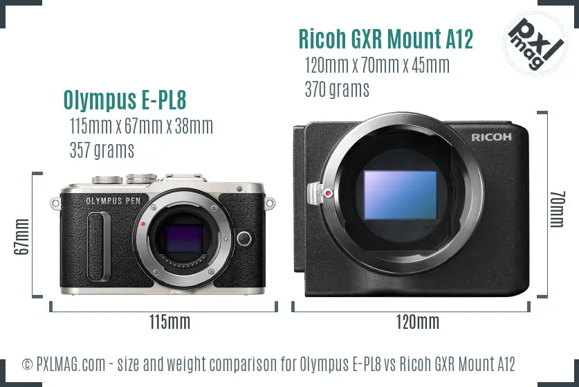 Olympus E-PL8 vs Ricoh GXR Mount A12 size comparison