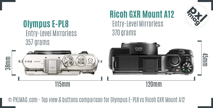 Olympus E-PL8 vs Ricoh GXR Mount A12 top view buttons comparison