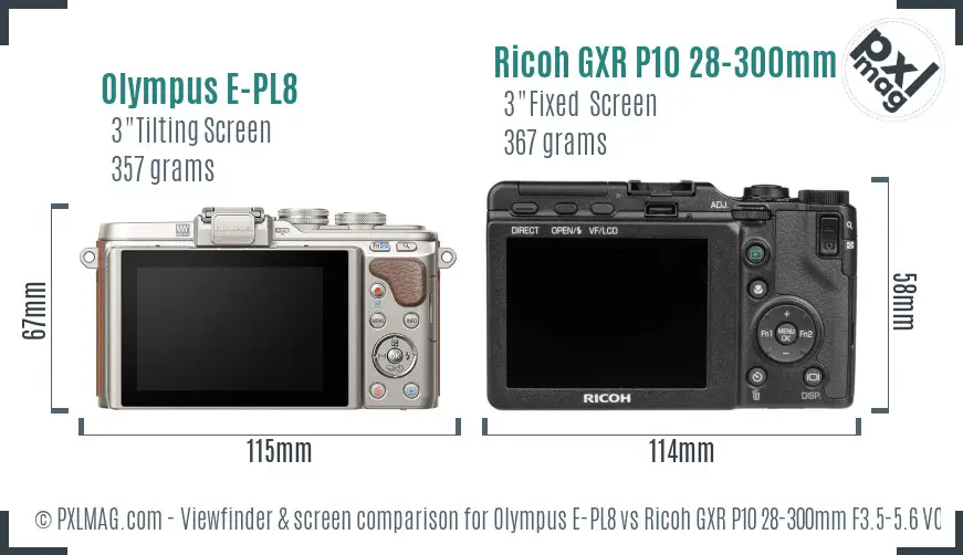 Olympus E-PL8 vs Ricoh GXR P10 28-300mm F3.5-5.6 VC Screen and Viewfinder comparison
