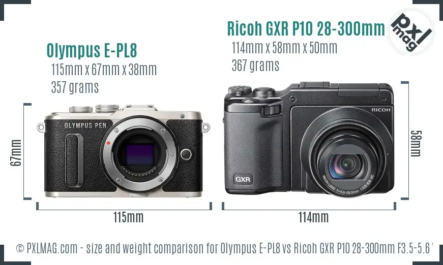 Olympus E-PL8 vs Ricoh GXR P10 28-300mm F3.5-5.6 VC size comparison