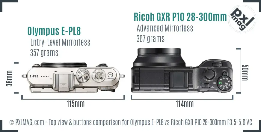 Olympus E-PL8 vs Ricoh GXR P10 28-300mm F3.5-5.6 VC top view buttons comparison