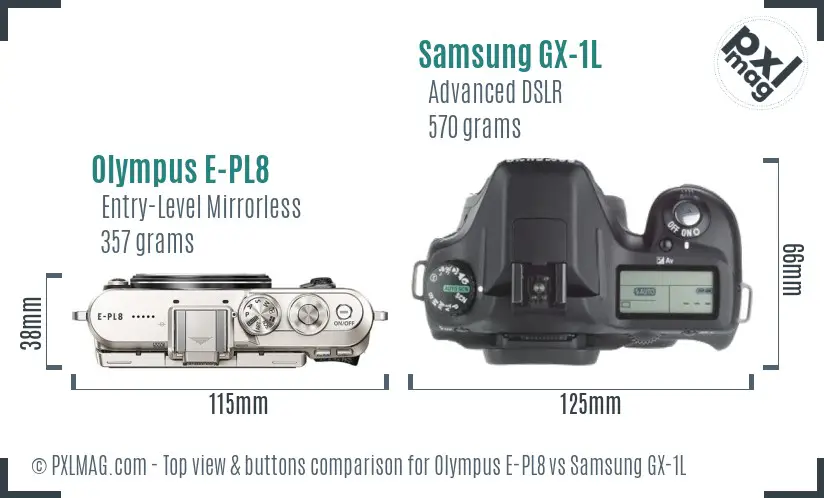Olympus E-PL8 vs Samsung GX-1L top view buttons comparison Olympus E-PL8 vs Samsung GX-1L top view buttons comparison