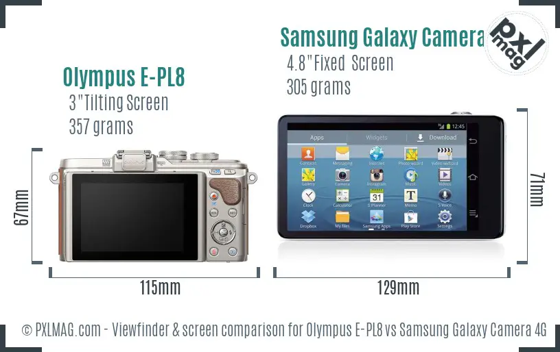 Olympus E-PL8 vs Samsung Galaxy Camera 4G Screen and Viewfinder comparison