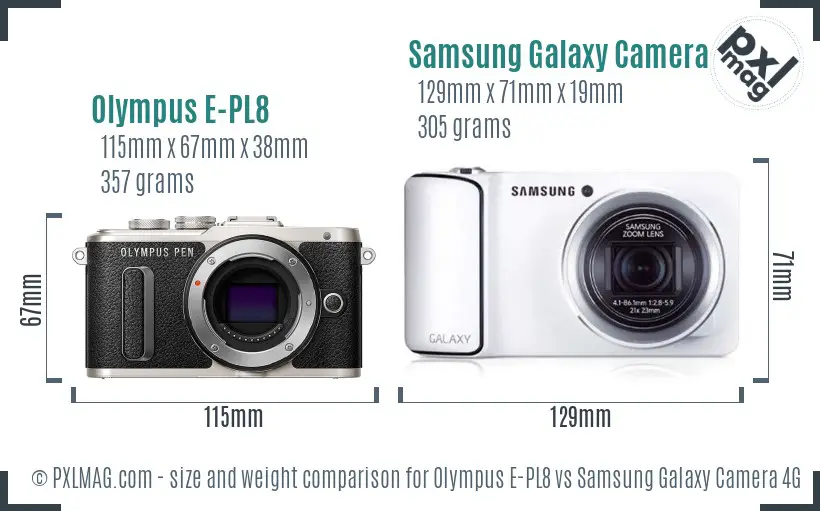 Olympus E-PL8 vs Samsung Galaxy Camera 4G size comparison