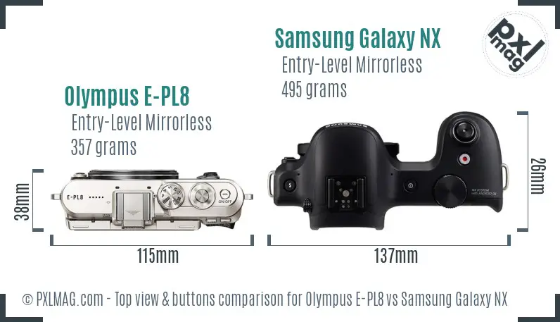 Olympus E-PL8 vs Samsung Galaxy NX top view buttons comparison
