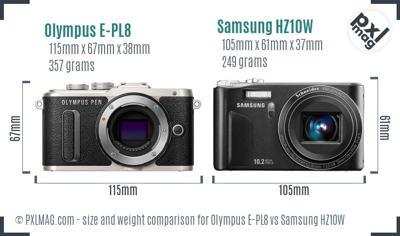 Olympus E-PL8 vs Samsung HZ10W size comparison
