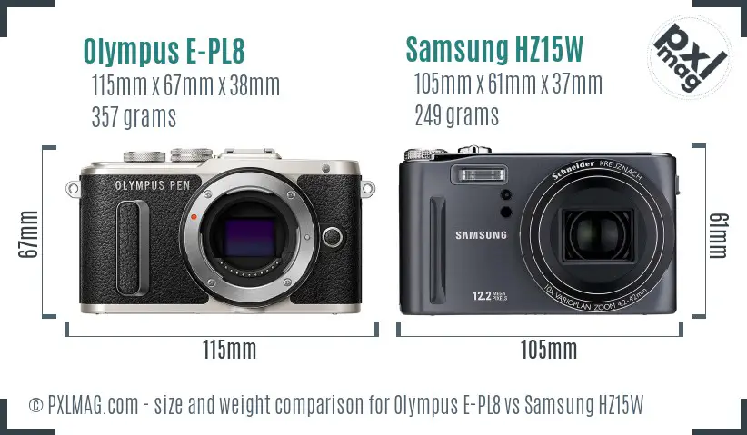 Olympus E-PL8 vs Samsung HZ15W size comparison