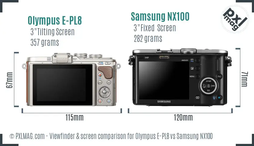 Olympus E-PL8 vs Samsung NX100 Screen and Viewfinder comparison