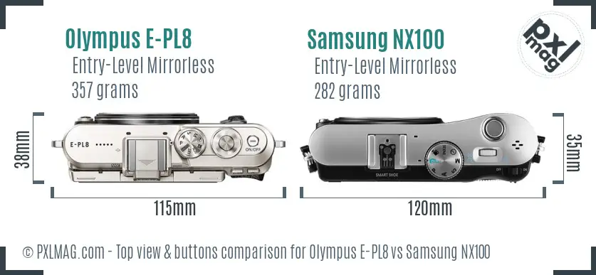 Olympus E-PL8 vs Samsung NX100 top view buttons comparison