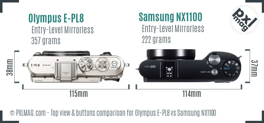 Olympus E-PL8 vs Samsung NX1100 top view buttons comparison Olympus E-PL8 vs Samsung NX1100 top view buttons comparison