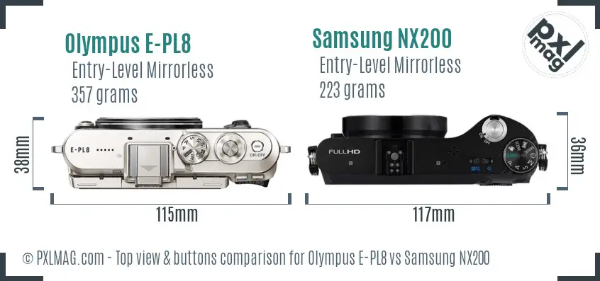 Olympus E-PL8 vs Samsung NX200 top view buttons comparison