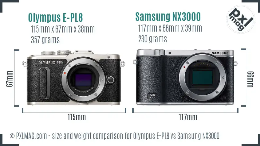 Olympus E-PL8 vs Samsung NX3000 size comparison