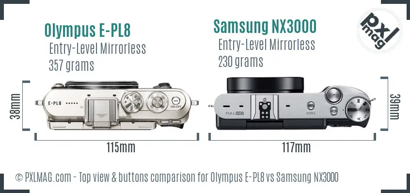 Olympus E-PL8 vs Samsung NX3000 top view buttons comparison