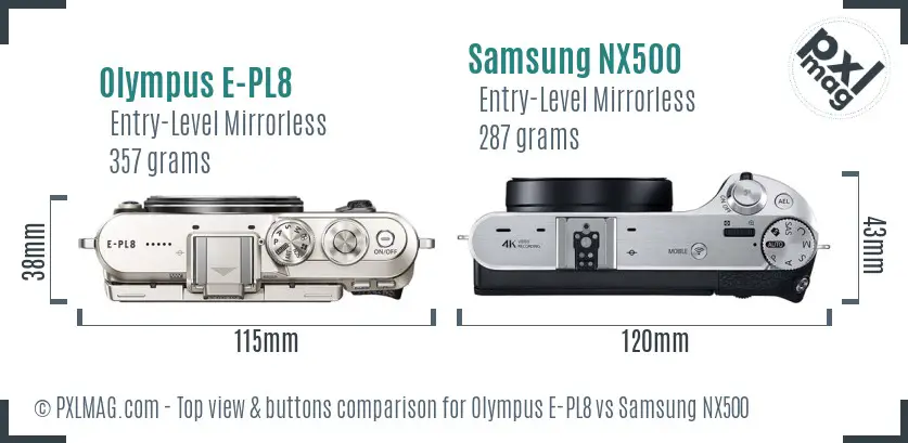 Olympus E-PL8 vs Samsung NX500 top view buttons comparison