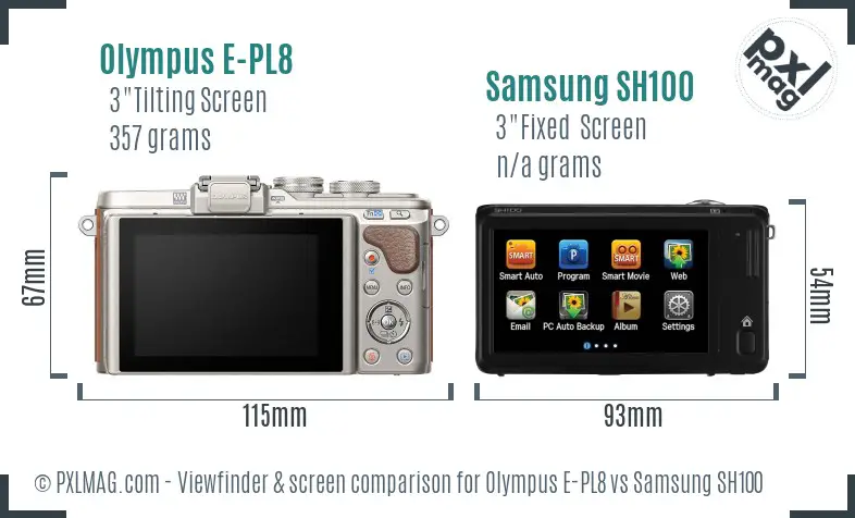 Olympus E-PL8 vs Samsung SH100 Screen and Viewfinder comparison