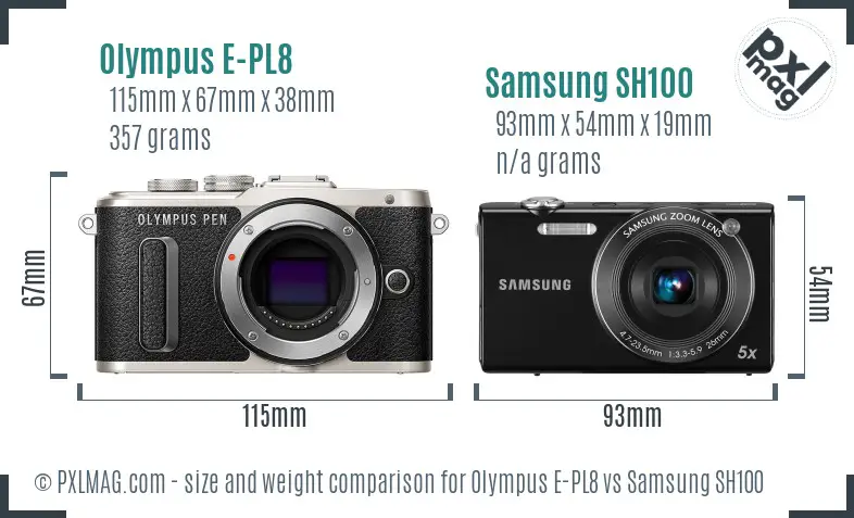 Olympus E-PL8 vs Samsung SH100 size comparison