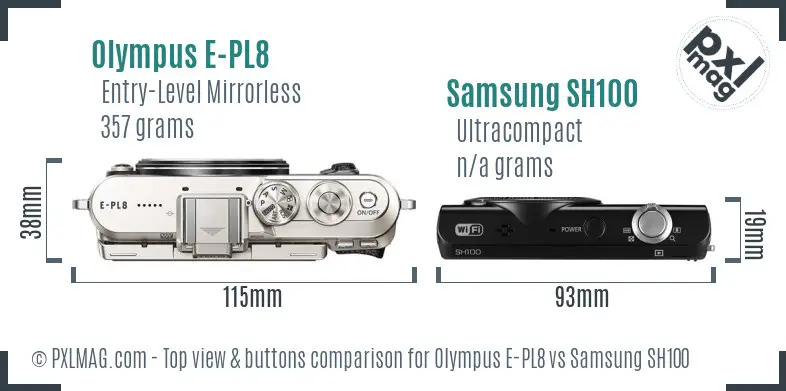 Olympus E-PL8 vs Samsung SH100 top view buttons comparison