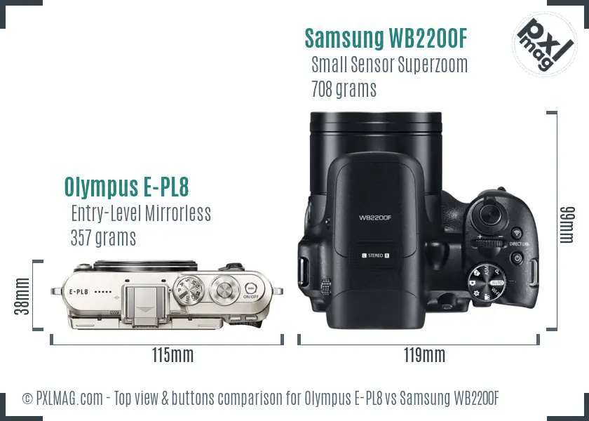 Olympus E-PL8 vs Samsung WB2200F top view buttons comparison