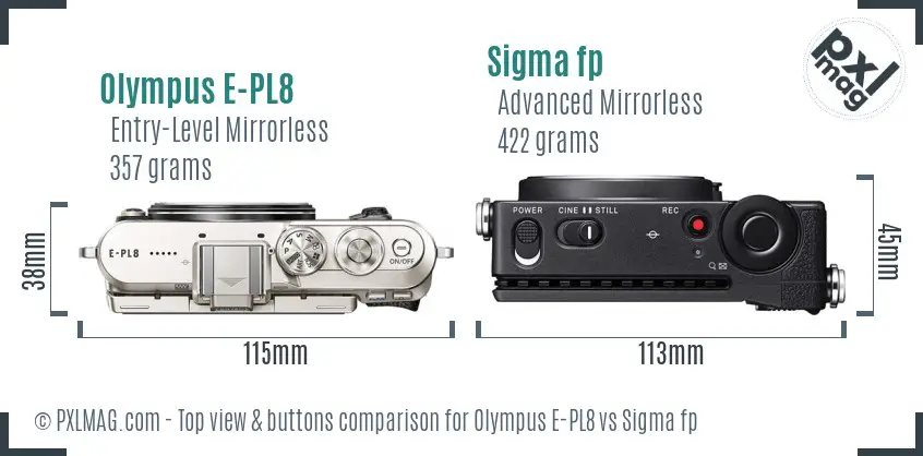 Olympus E-PL8 vs Sigma fp top view buttons comparison