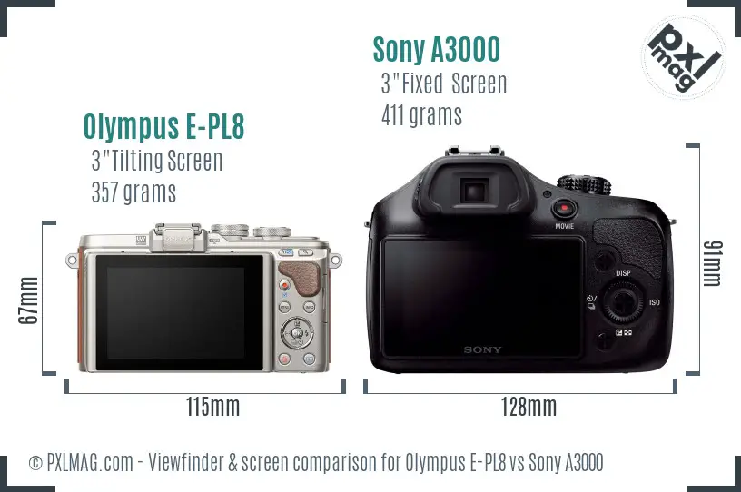 Olympus E-PL8 vs Sony A3000 Screen and Viewfinder comparison