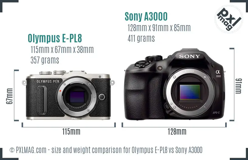 Olympus E-PL8 vs Sony A3000 size comparison