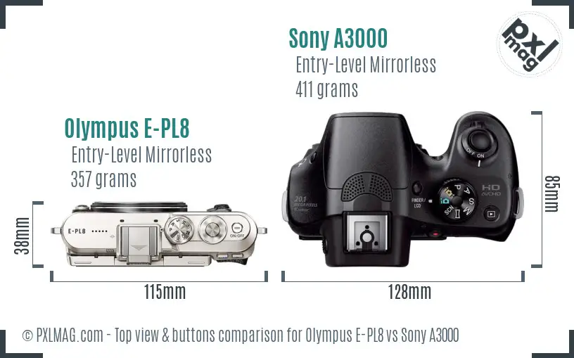 Olympus E-PL8 vs Sony A3000 top view buttons comparison