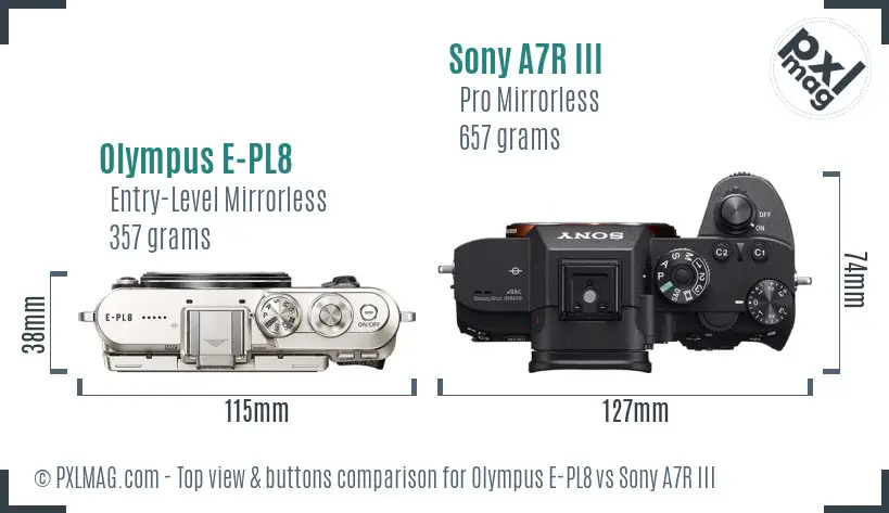 Olympus E-PL8 vs Sony A7R III top view buttons comparison Olympus E-PL8 vs Sony A7R III top view buttons comparison