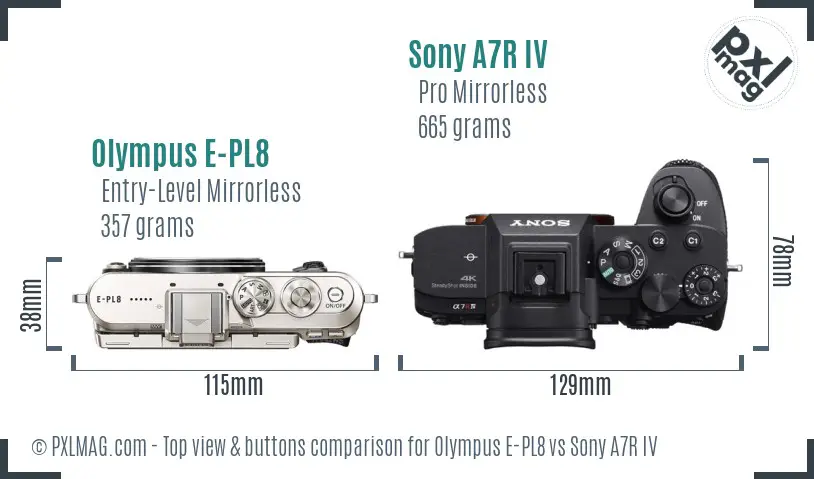 Olympus E-PL8 vs Sony A7R IV top view buttons comparison Olympus E-PL8 vs Sony A7R IV top view buttons comparison