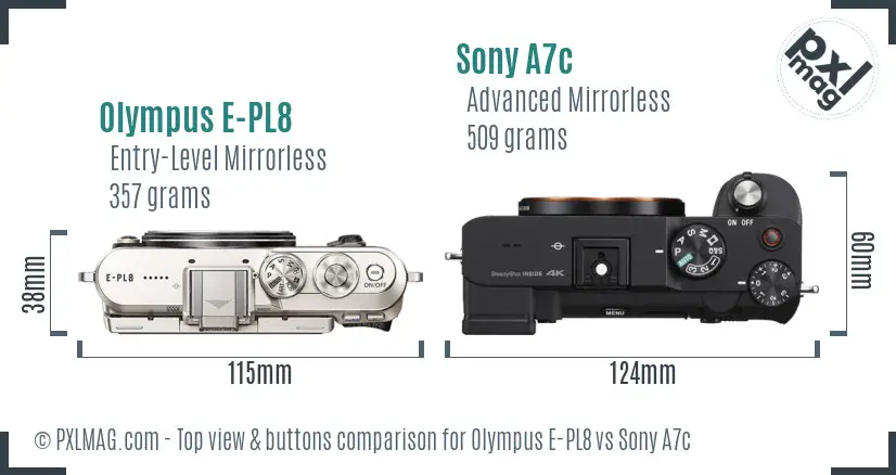 Olympus E-PL8 vs Sony A7c top view buttons comparison Olympus E-PL8 vs Sony A7c top view buttons comparison