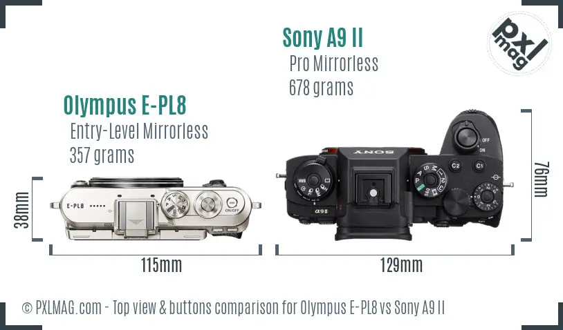 Olympus E-PL8 vs Sony A9 II top view buttons comparison Olympus E-PL8 vs Sony A9 II top view buttons comparison
