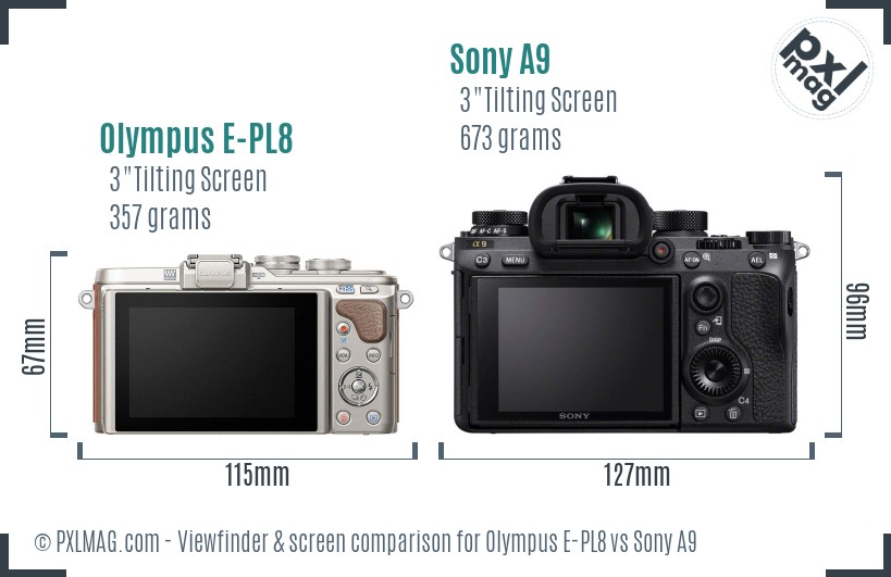 Olympus E-PL8 vs Sony A9 Screen and Viewfinder comparison