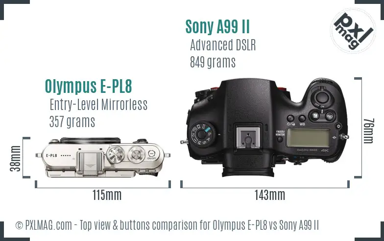 Olympus E-PL8 vs Sony A99 II top view buttons comparison