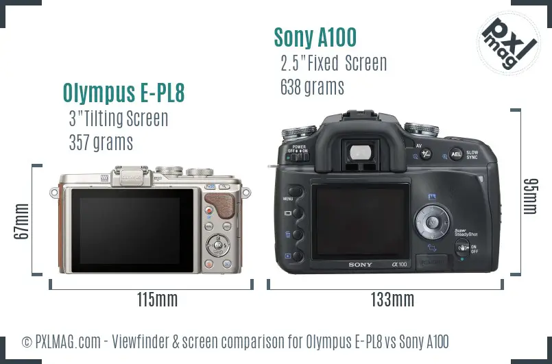 Olympus E-PL8 vs Sony A100 Screen and Viewfinder comparison