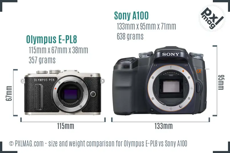 Olympus E-PL8 vs Sony A100 size comparison