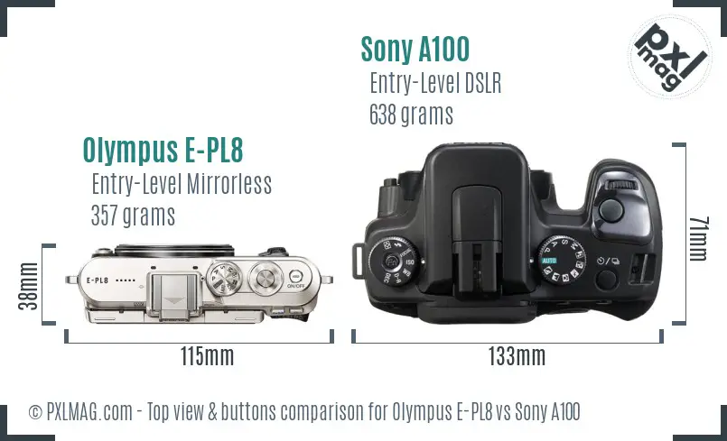 Olympus E-PL8 vs Sony A100 top view buttons comparison